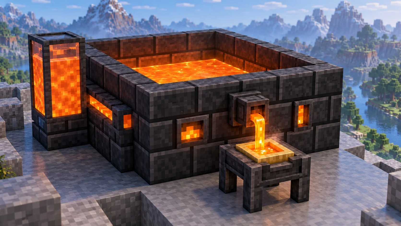 Isometric illustration of a seared brick smeltery with a fuel tank and casting table